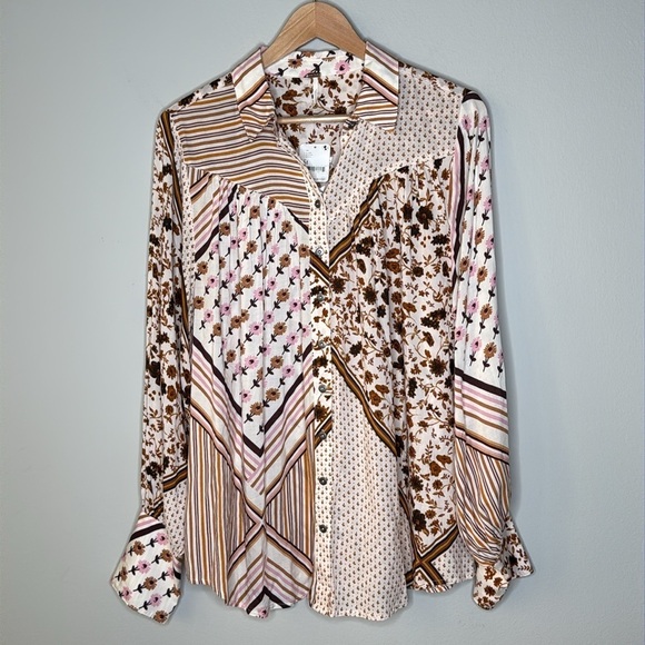 Free People Hazel Buttondown Oversized Top in Tea Combo Size Medium NWT - Picture 1 of 9